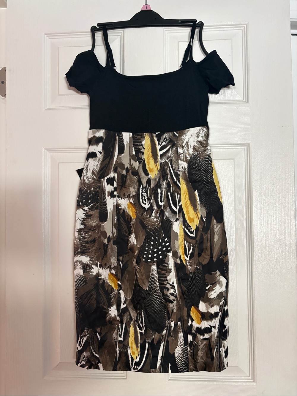 Bebe - Black Off Shoulder Dress with Feather-Print and Yellow Accents
